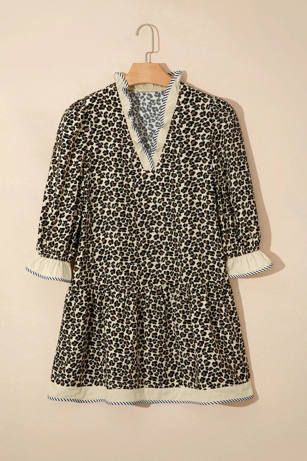 Leopard Print V-Neck Ruffle Trim Mini Dress with Bracelet Sleeves