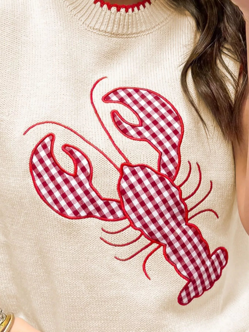 Lobster Embroidered Cream Knit Sweater Vest with Gingham Detail