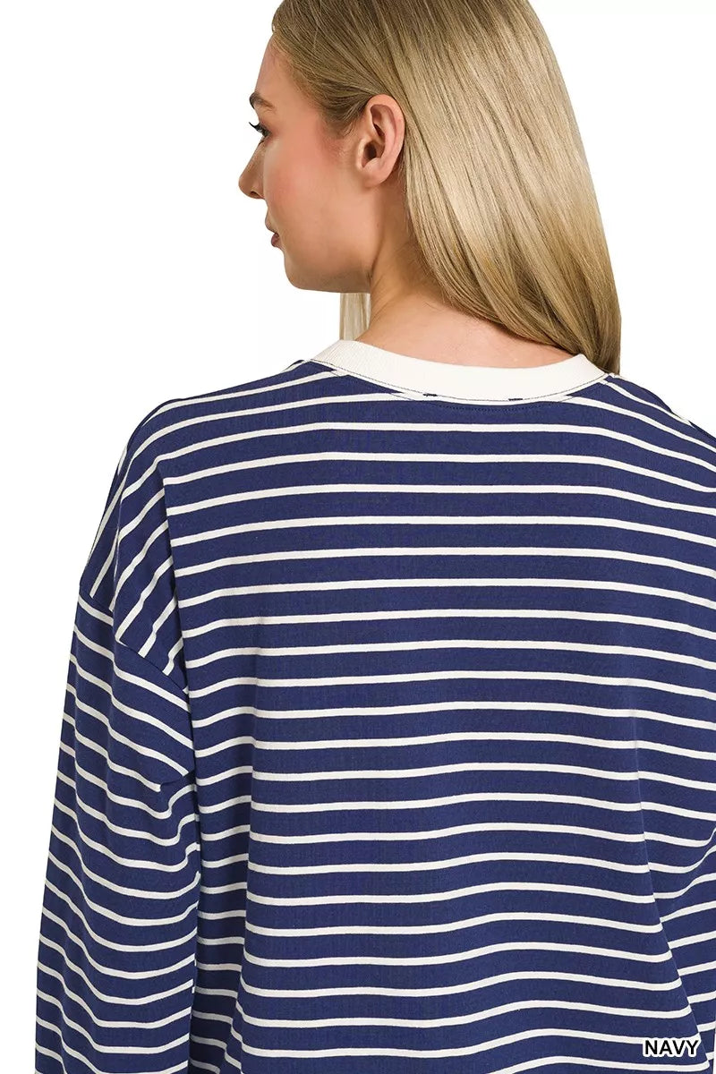 Zenana Contrast Striped Sweatshirt - Crew Neck