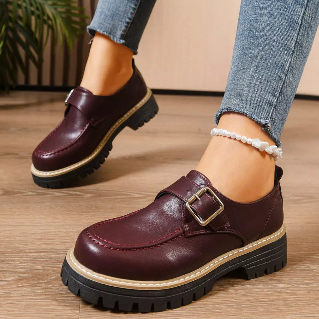 Women's Burgundy Round Toe Buckle Loafers Mid Heel Casual Shoes