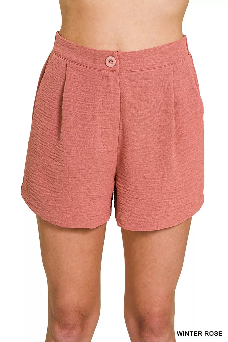 Woven Airflow Elastic Waist Shorts in Winter Rose