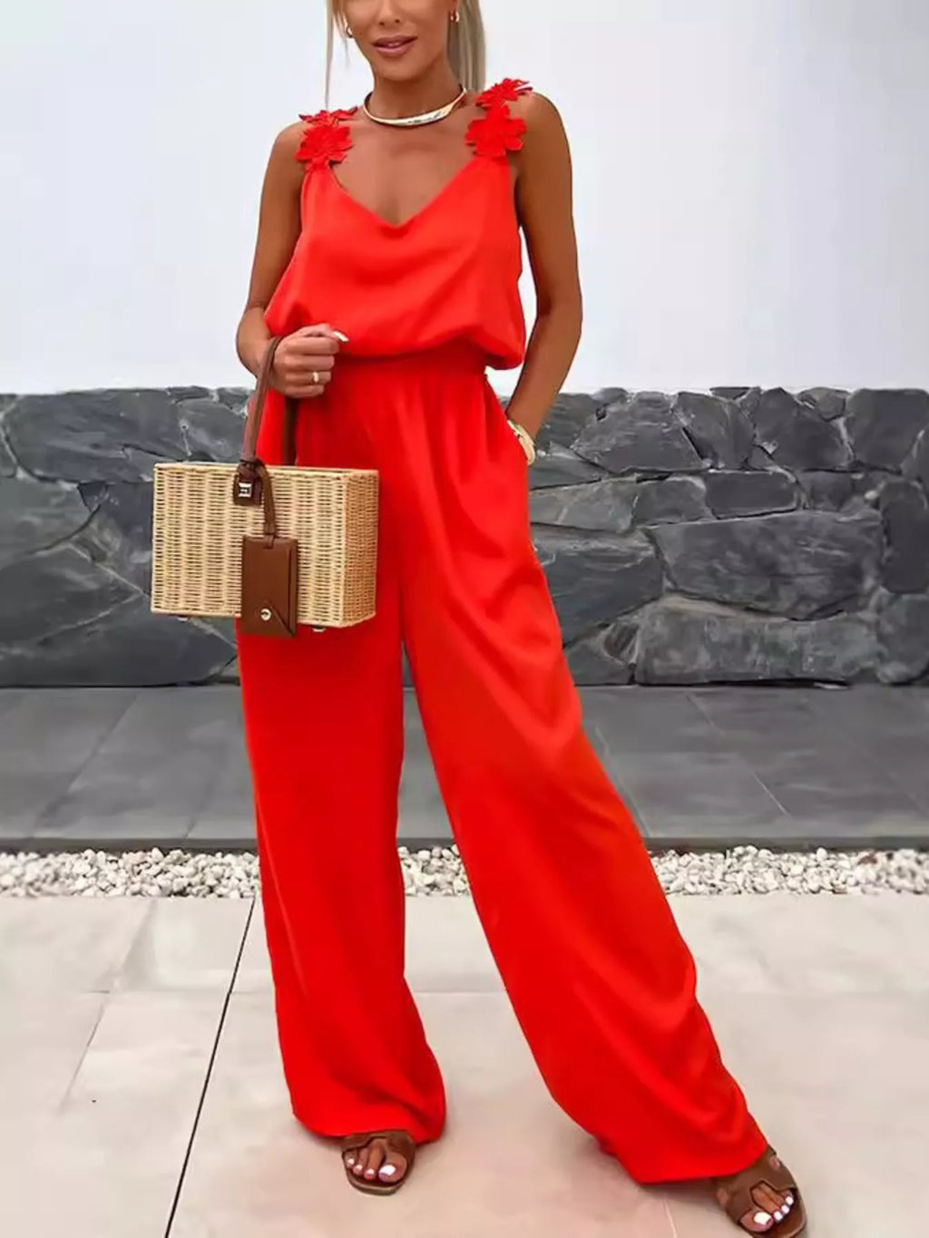Red Floral Applique V-Neck Sleeveless Wide Leg Jumpsuit