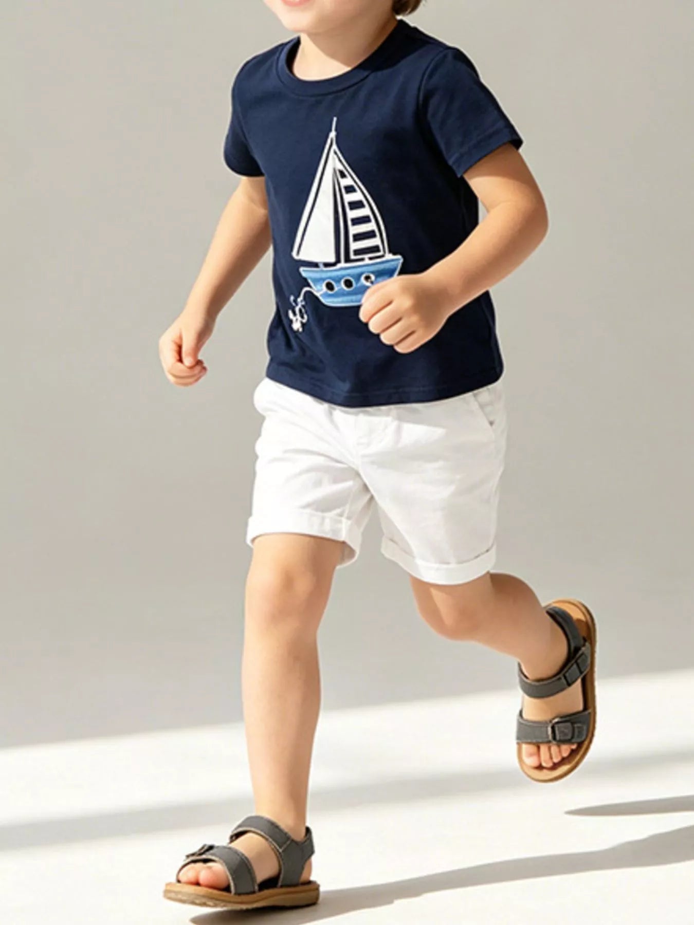 Boys Navy Blue Cotton Sailboat Graphic Round Neck T-Shirt