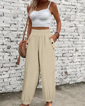 Women's Beige Textured Smocked Waist Casual Pants with Pockets