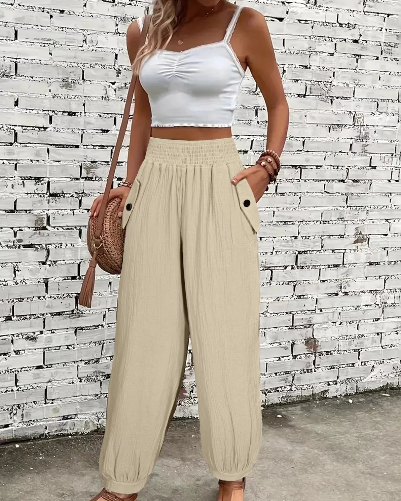 Women's Beige Textured Smocked Waist Casual Pants with Pockets