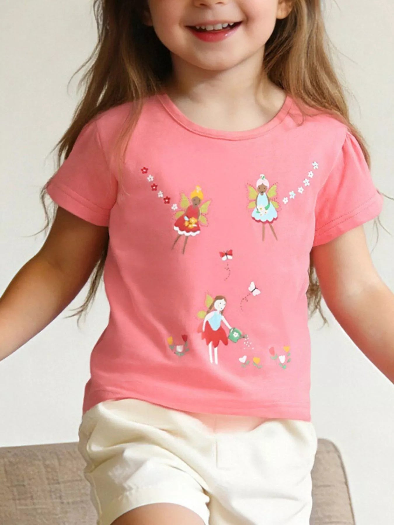 Girls Pink Fairy Print Cotton Short Sleeve T-Shirt