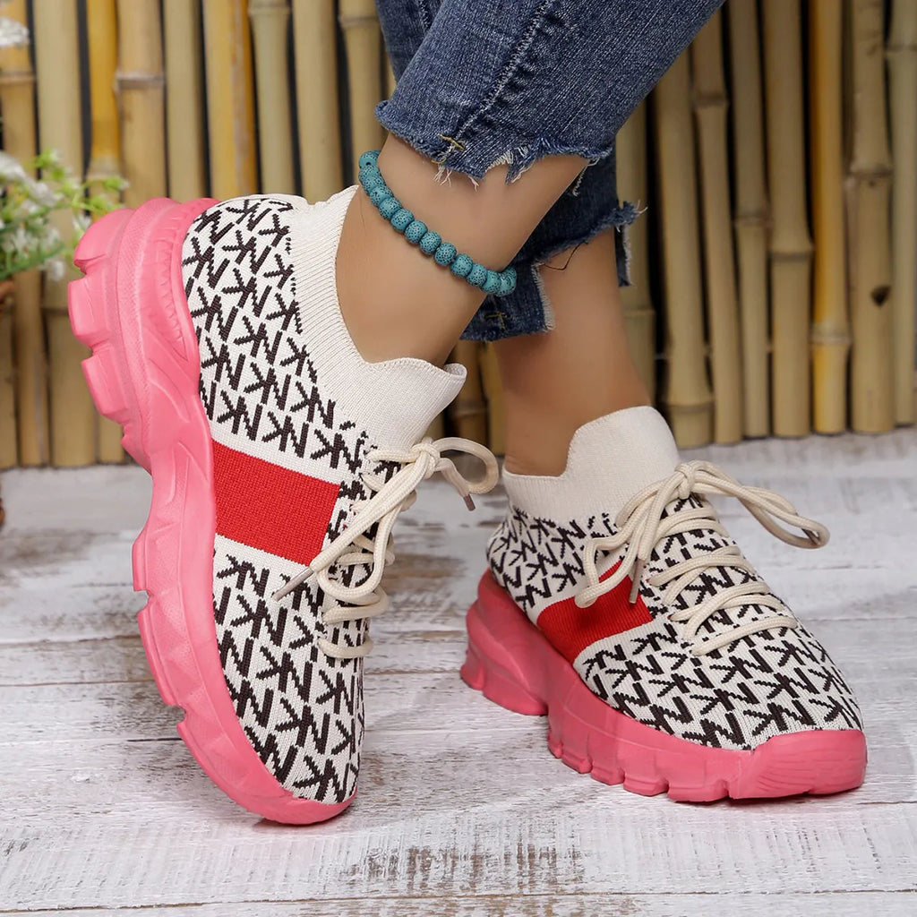 Women's Letter Print Lace-Up Sneakers with Chunky Pink Sole