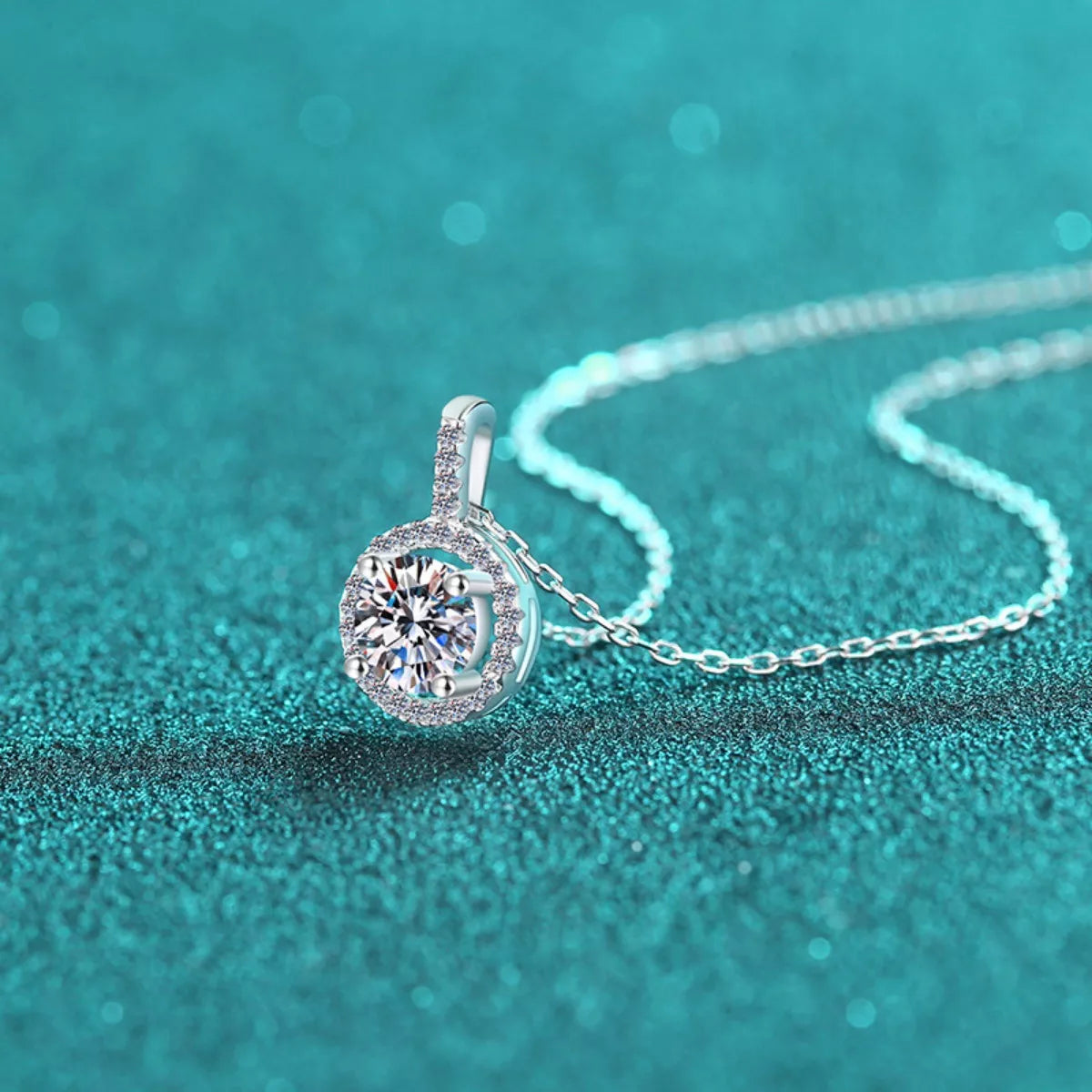 2 Carat Round Moissanite Halo Pendant Necklace Sterling Silver
