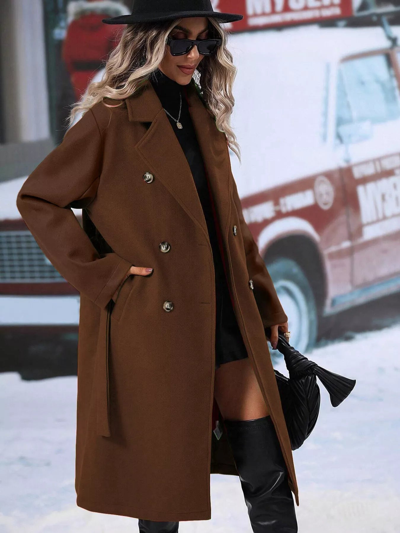 Women's Red Double-Breasted Lapel Collar Belted Long Overcoat