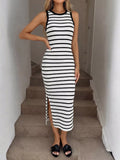 Sleeveless Striped Midi Dress with Side Slit Black and White