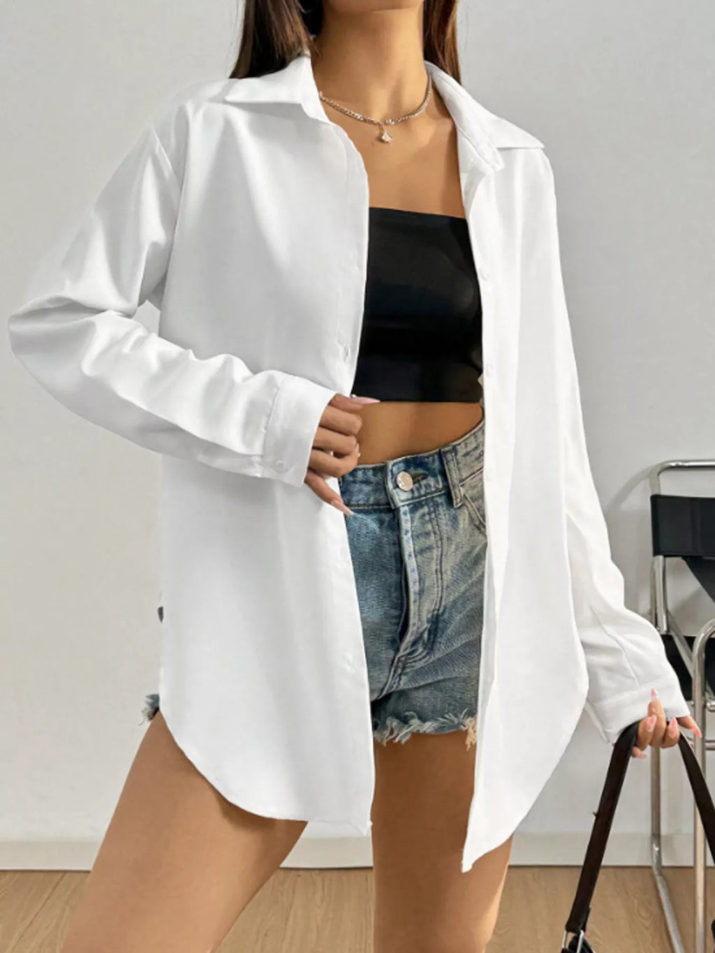 Women's White Long Sleeve Button Up Shirt Casual Oversized Top