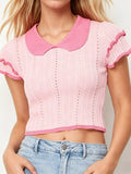 Pink Ribbed Knit Peter Pan Collar Crop Top with Frill Sleeves