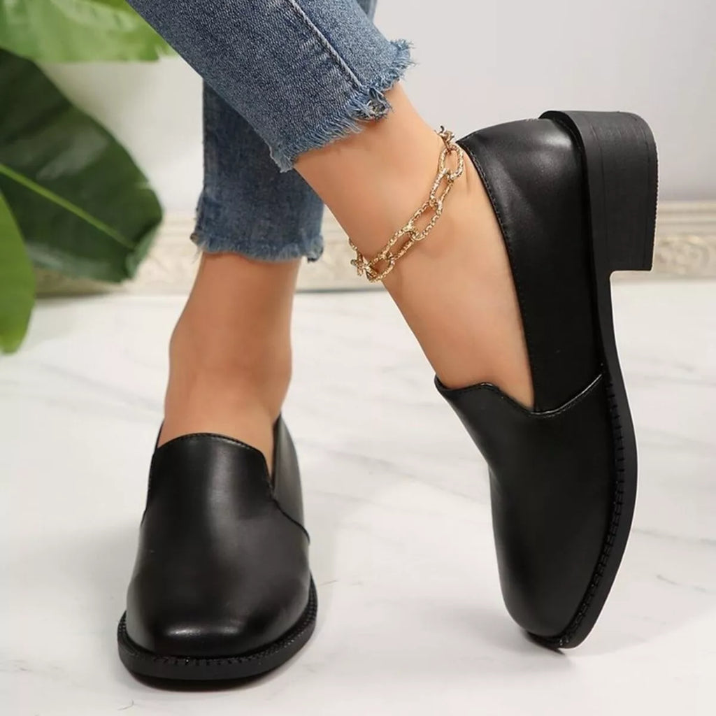 Women's Black Block Heel Loafers Round Toe Casual Dress Shoes