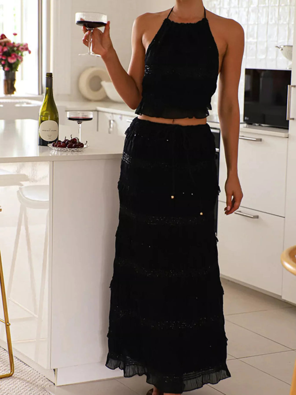 Smocked Sleeveless Halter Top and Maxi Skirt Matching Set