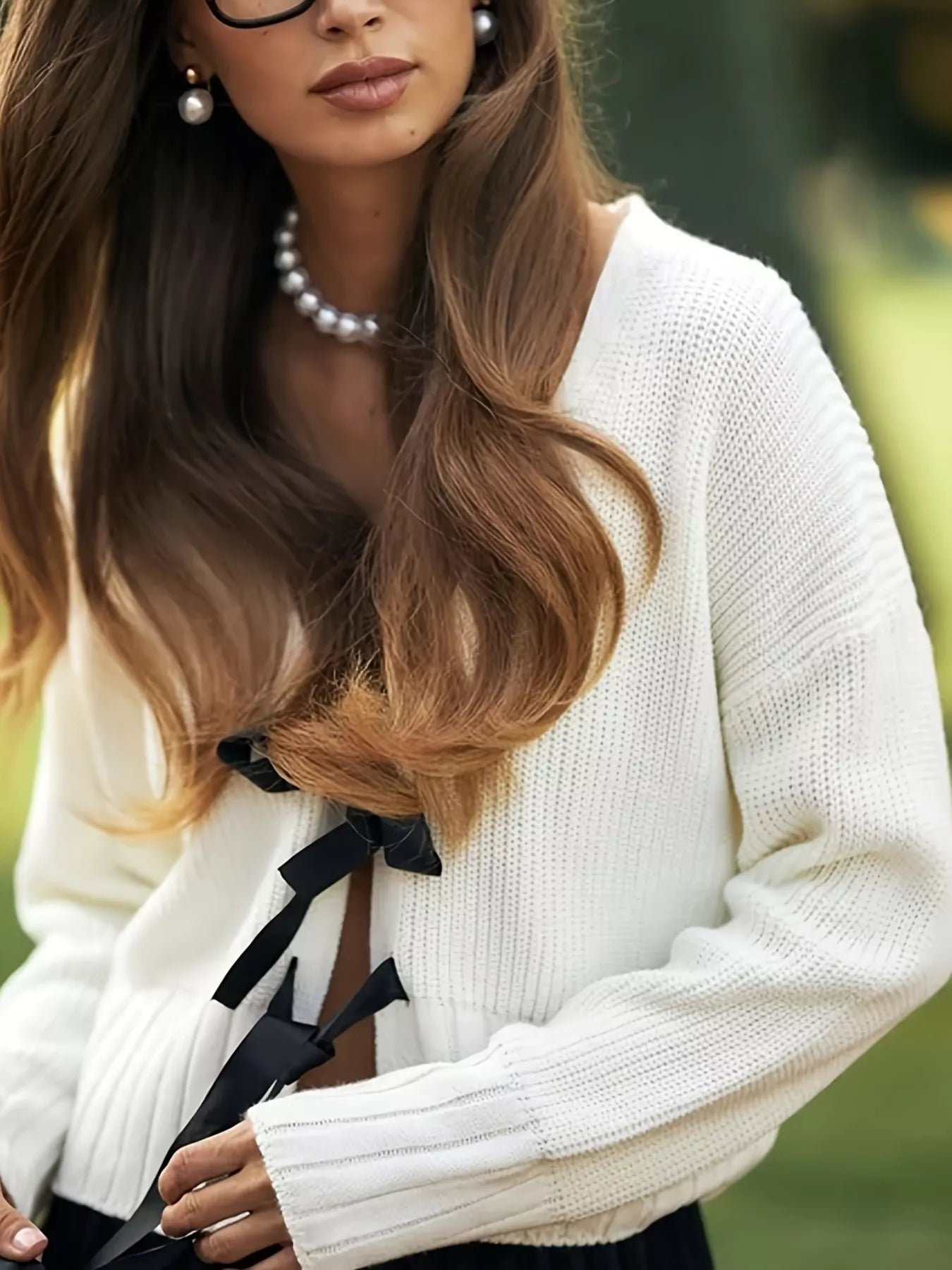 White Tie Front Knit Cardigan with Bow Detail