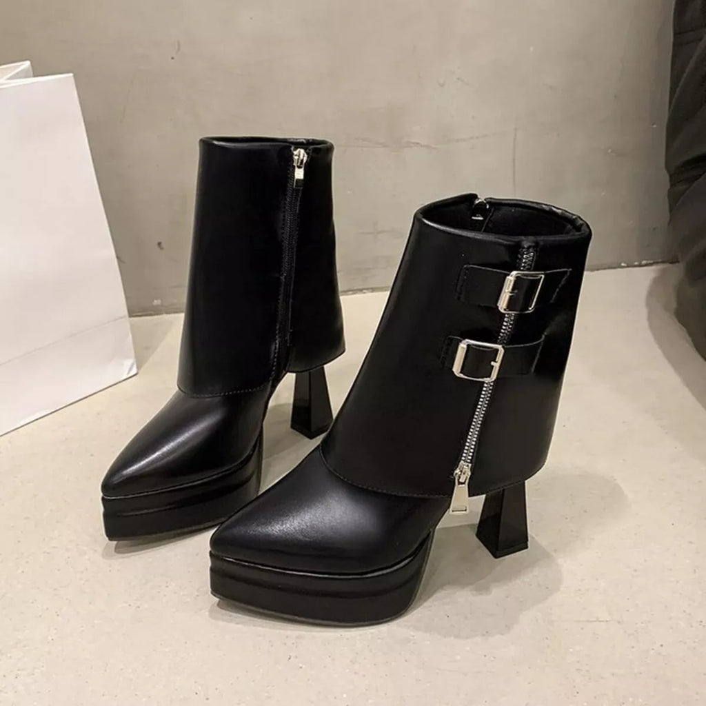 White Point Toe Platform Block Heel Ankle Boots