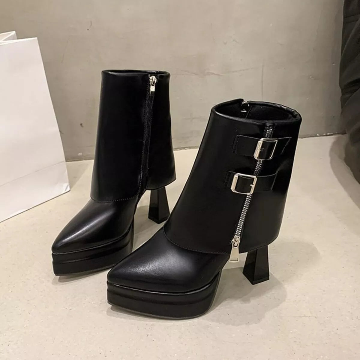 White Point Toe Platform Block Heel Ankle Boots