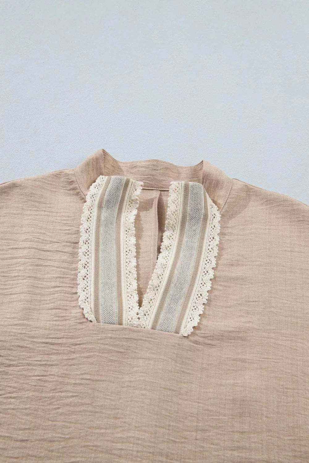 Beige Crochet Lace Trim Blouse with Rolled Short Sleeves
