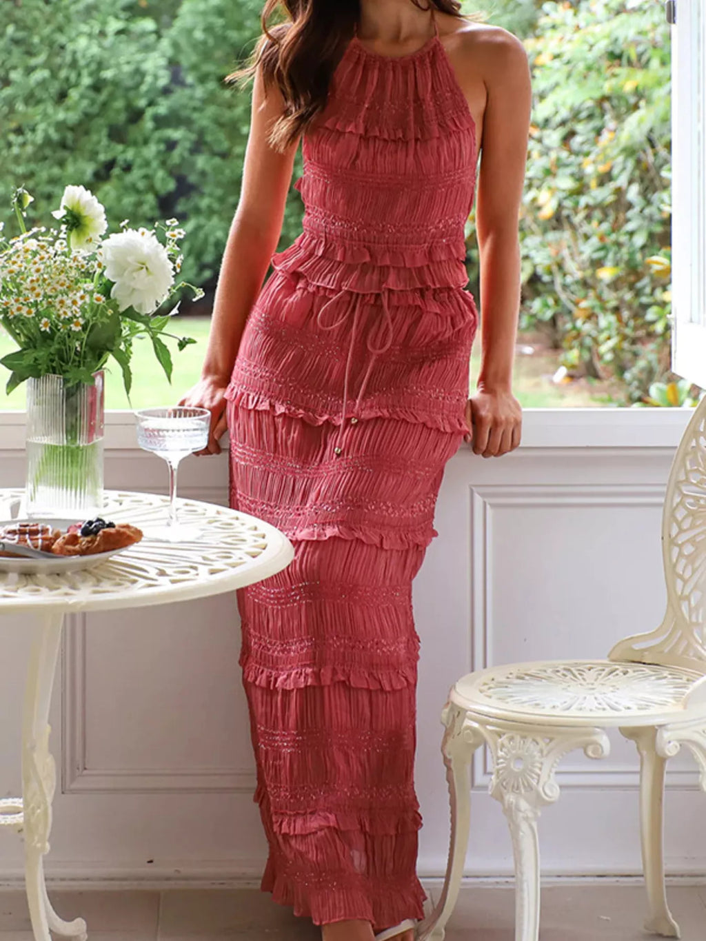 Smocked Sleeveless Halter Top and Maxi Skirt Matching Set