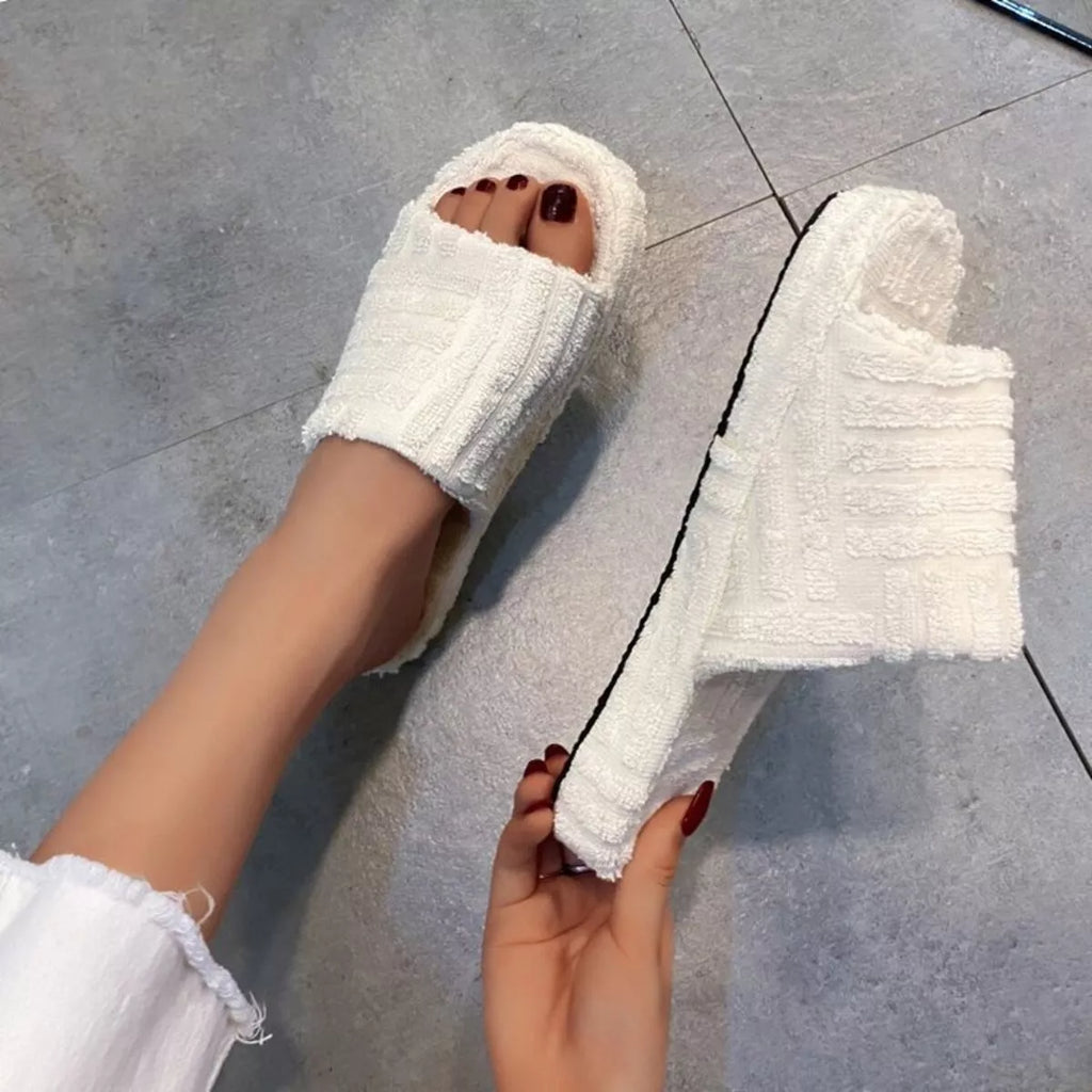 White Open Toe Platform Slippers Textured Slide Sandals