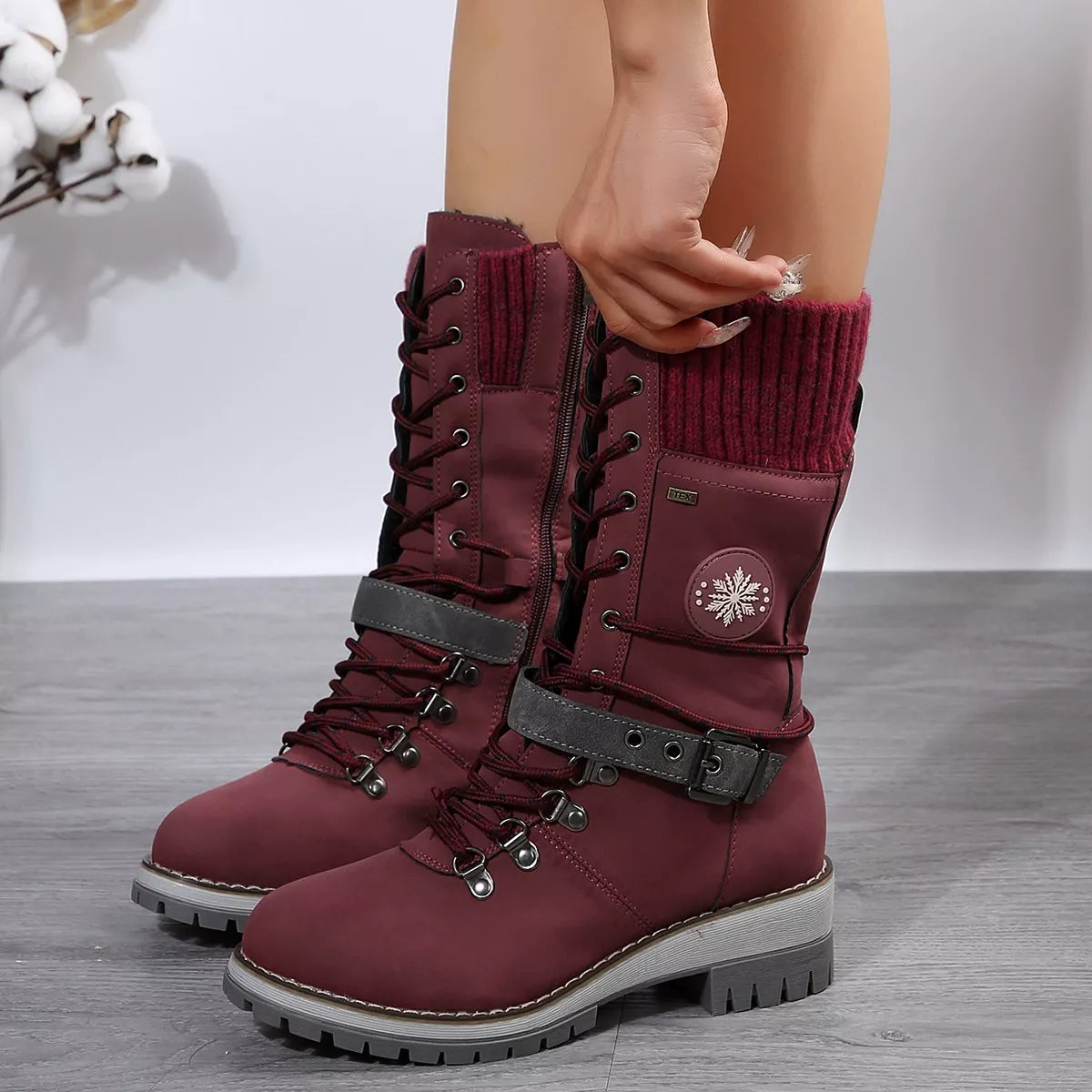 Women's Grey Lace Up Winter Boots with Knit Cuff and Buckle Detail