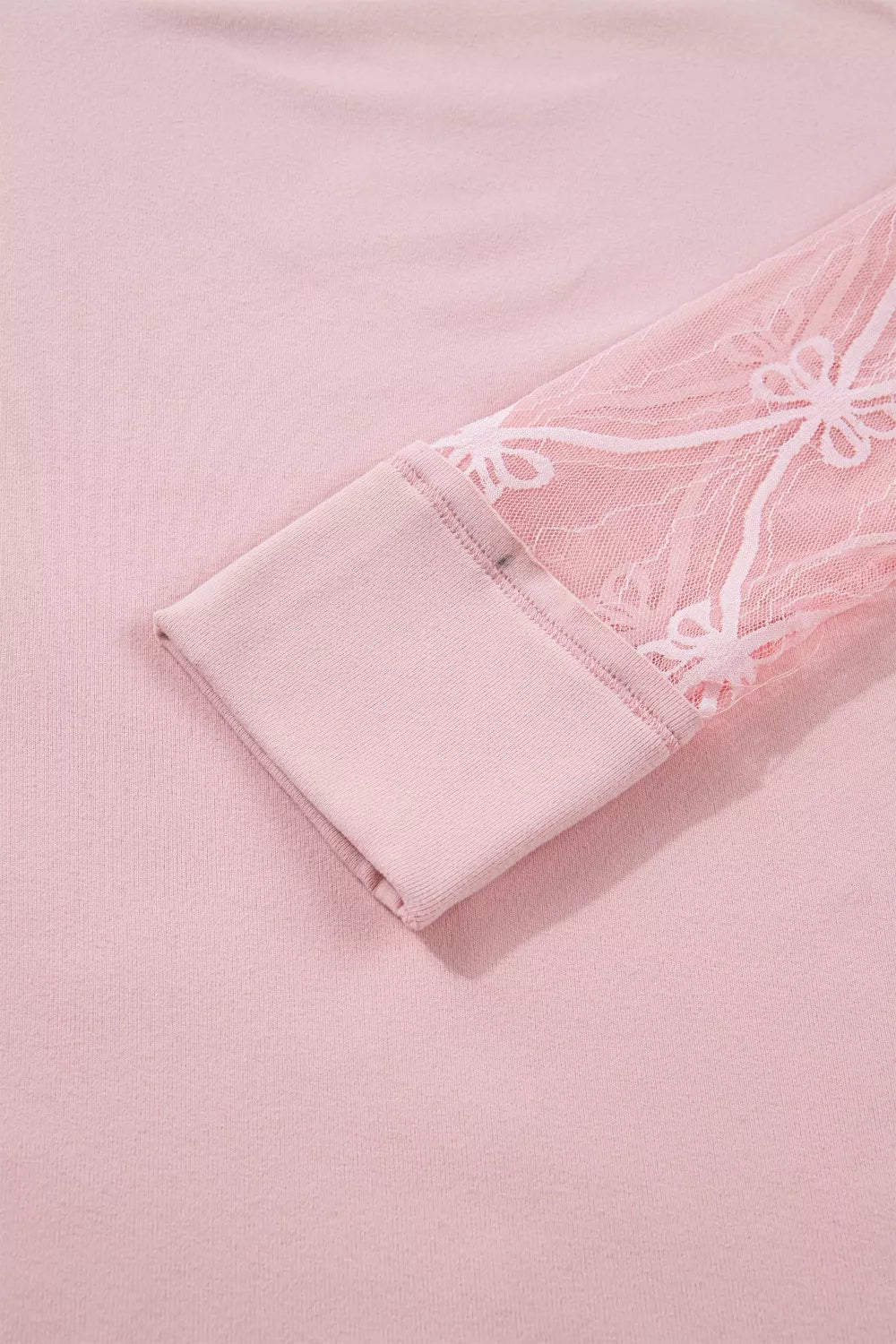 Pink Long Sleeve Tee with Sheer Lace Floral Patchwork Sleeves