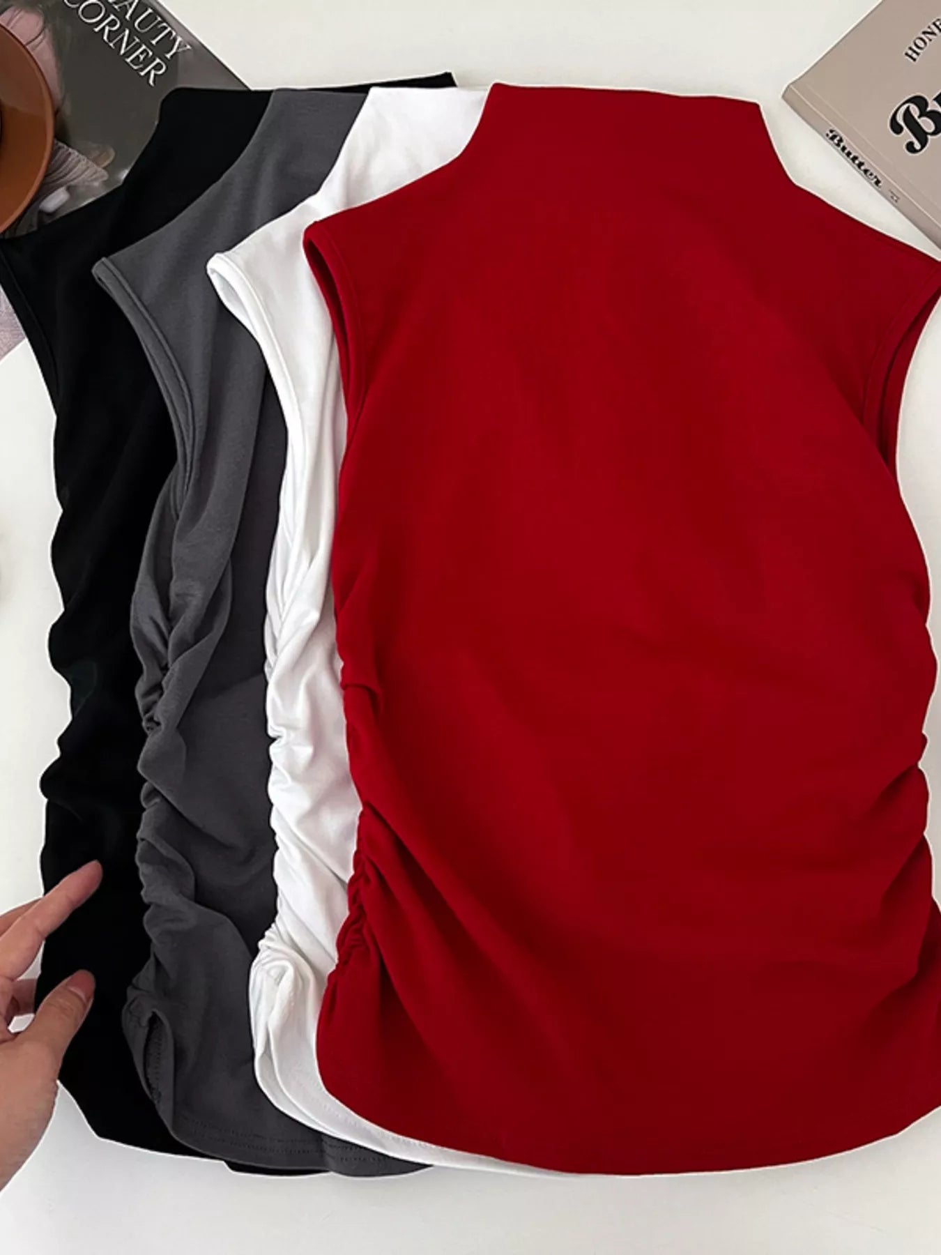 Ruched Mock Neck Sleeveless Tank Top