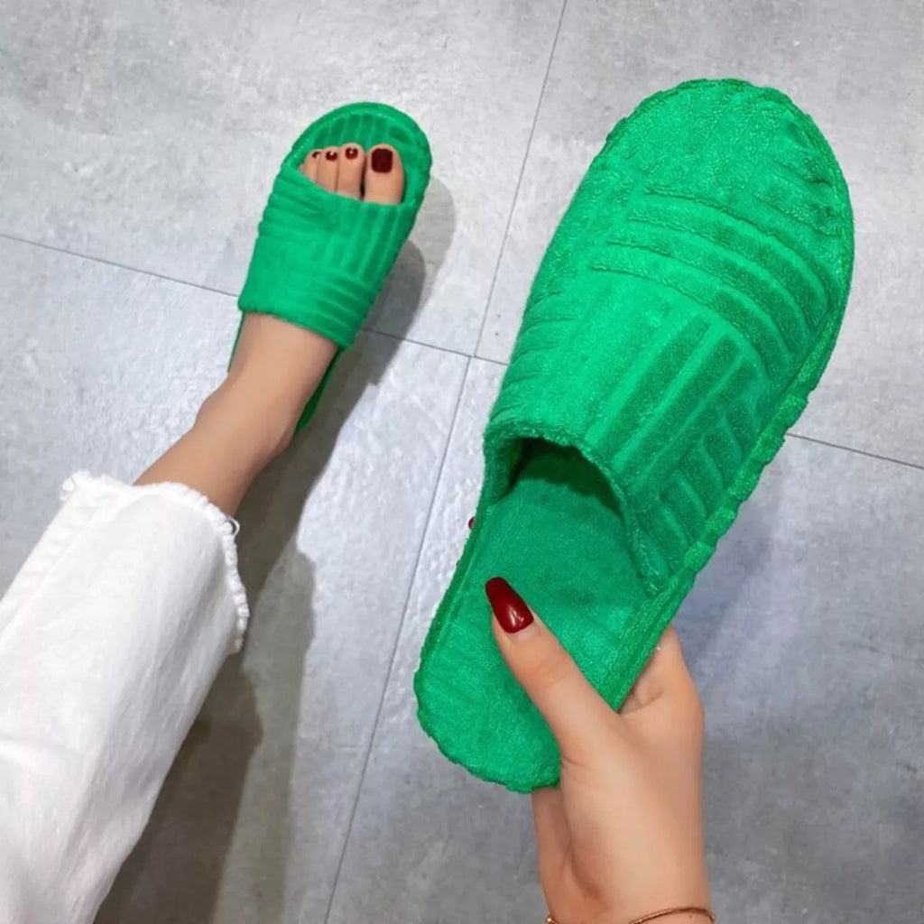 White Open Toe Platform Slippers Textured Slide Sandals