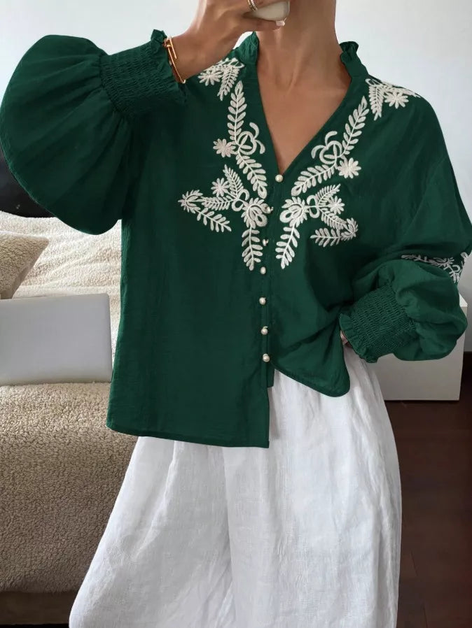 Women's Embroidered White Long Sleeve Notched Collar Blouse
