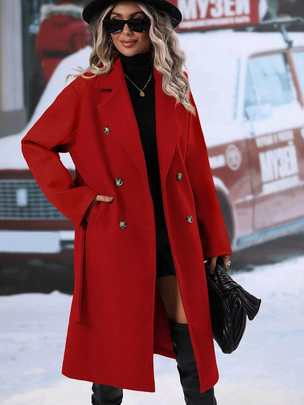 Women's Red Double-Breasted Lapel Collar Belted Long Overcoat