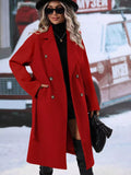 Women's Red Double-Breasted Lapel Collar Belted Long Overcoat