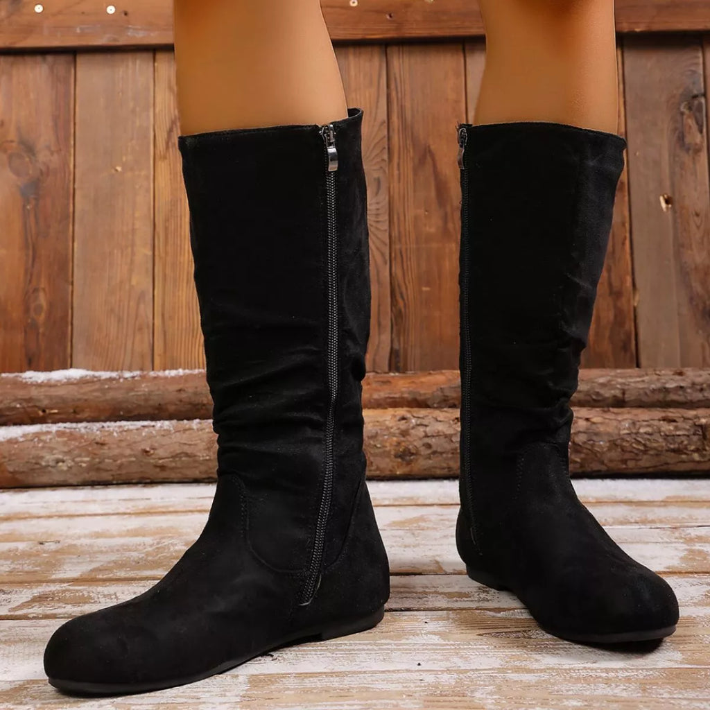 Women's Round Toe Side Zip Suede Mid-Calf Boots