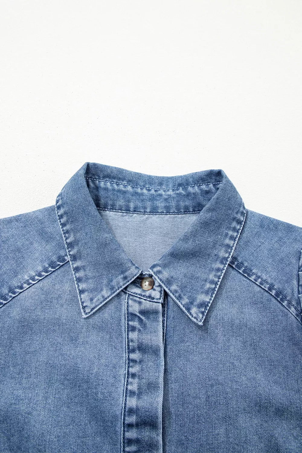 Blue Denim Puff Sleeve Shirt with Collared Button Down Front