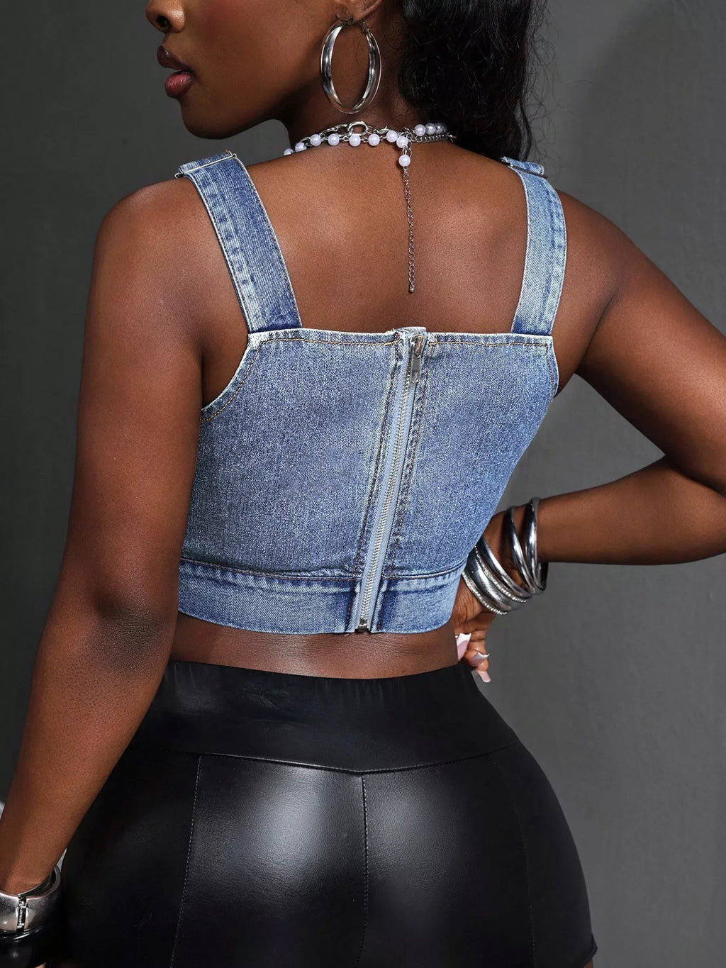 Blue Denim Cropped Tank Top with Adjustable Straps