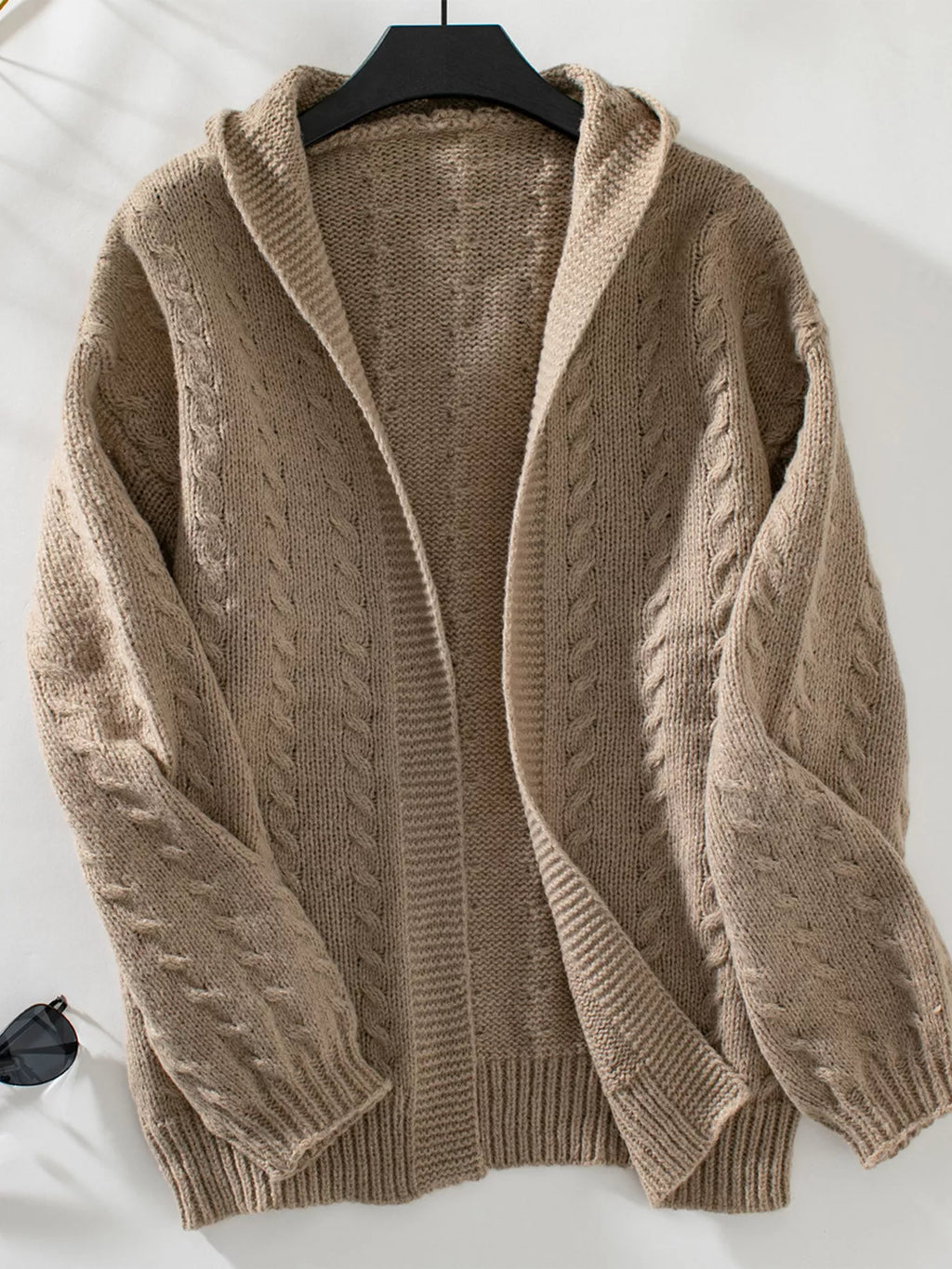 Women's Beige Cable Knit Open Front Cardigan with Hood