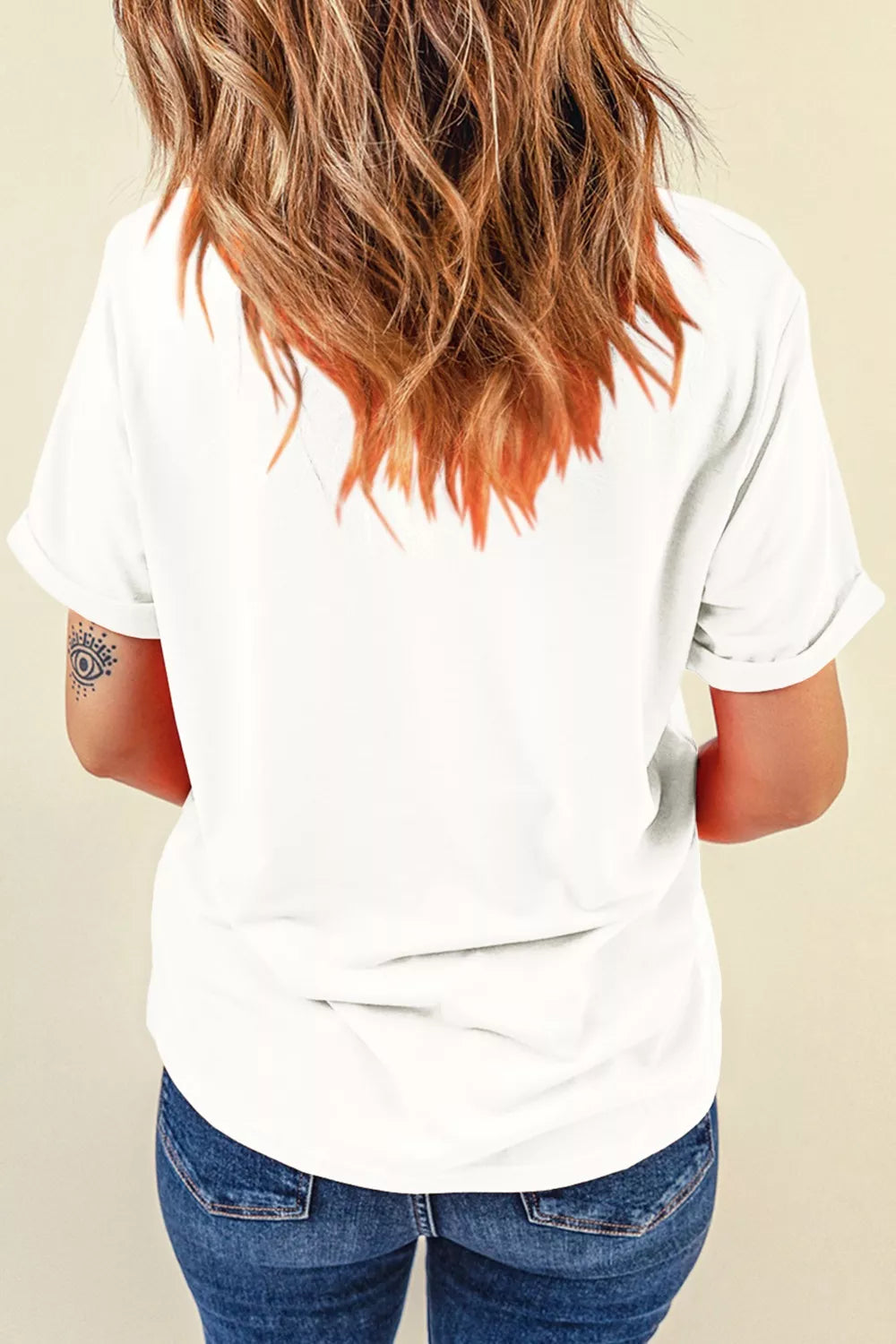USA Lettering Bow Embroidered White Short Sleeve Crewneck T-Shirt