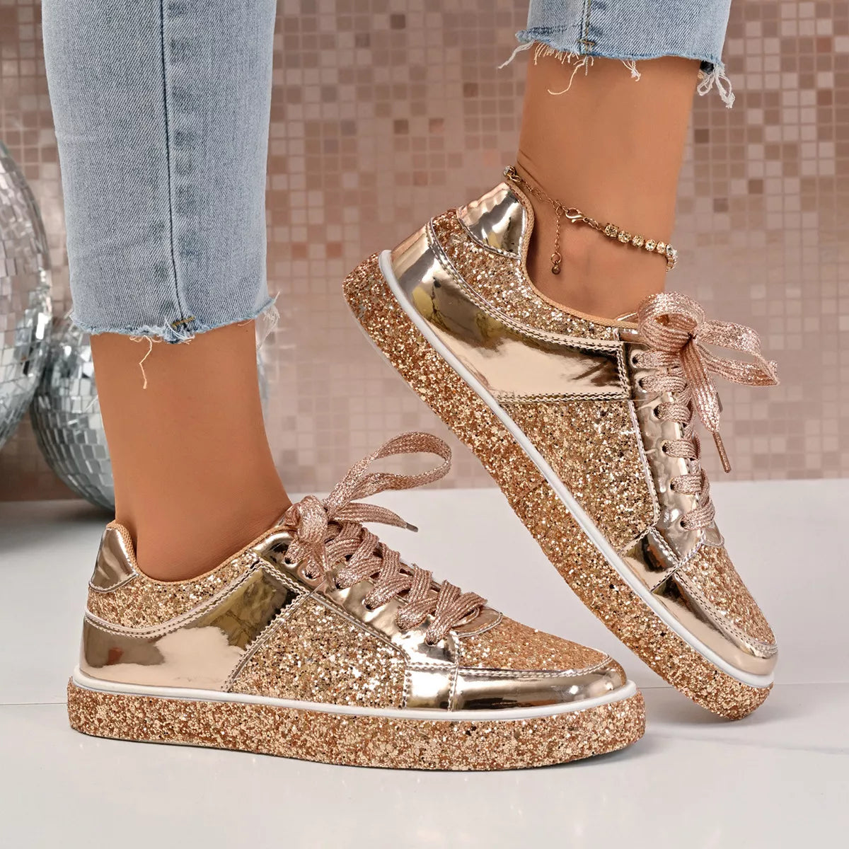 Women's Sequin Lace Up Sneakers - Gold, Silver & Champagne