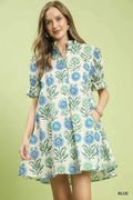 Blue Floral Puff Sleeve Babydoll Mini Dress with Side Pockets