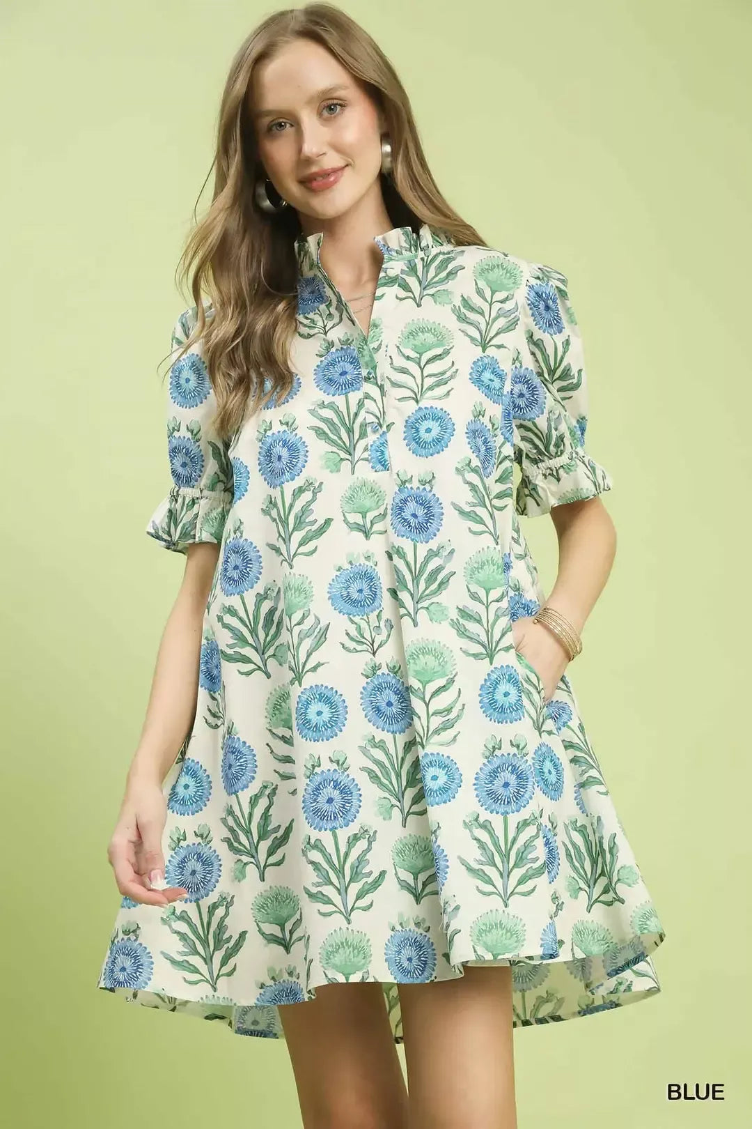 Blue Floral Puff Sleeve Babydoll Mini Dress with Side Pockets