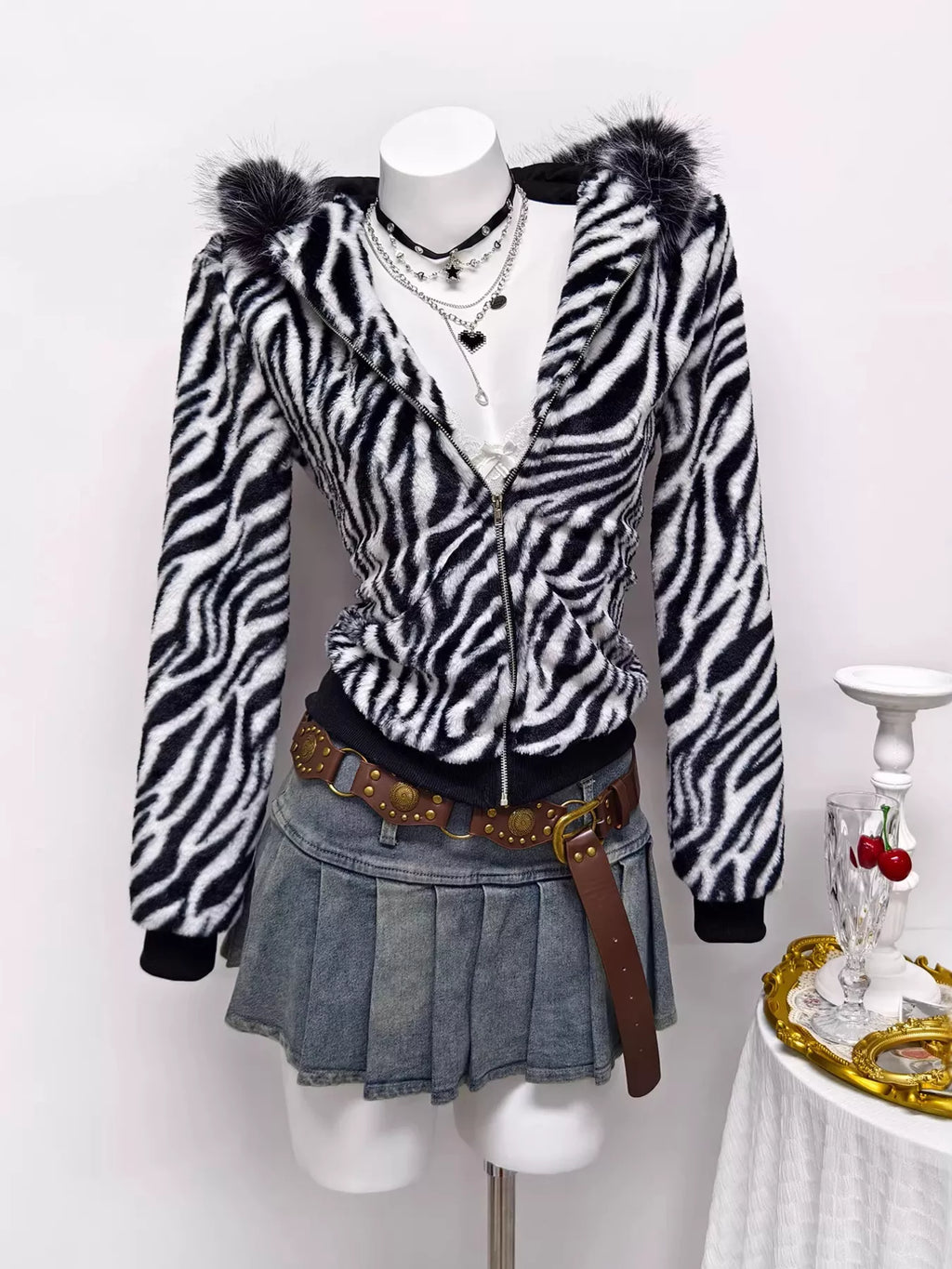 Zebra Faux Fur Hooded Zip-Up Jacket