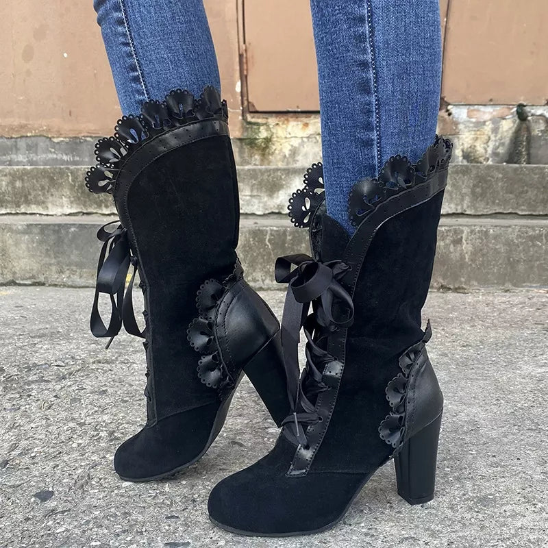 Women's Black Lace Up Block Heel Boots with Ruffled Trim