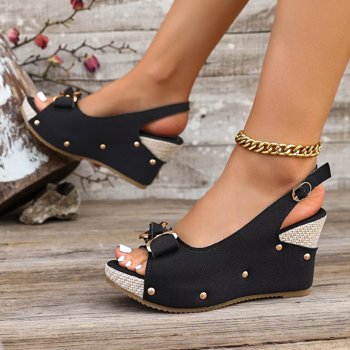 Peep Toe Wedge Sandals with Bow Detail and Slingback Strap