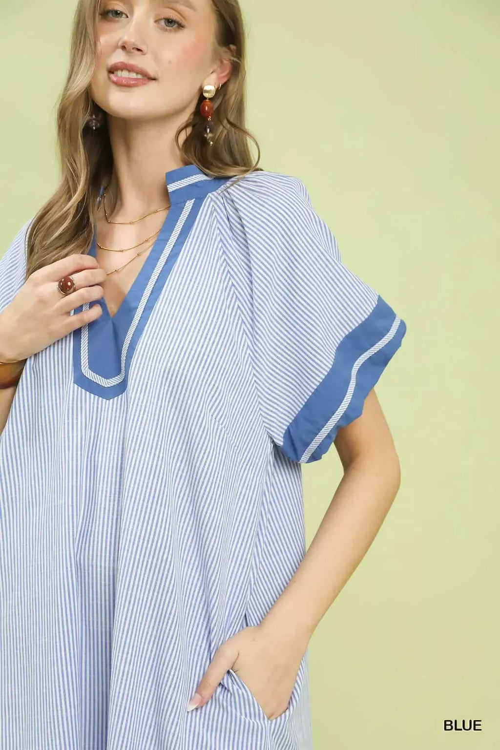 Blue Pinstripe Contrast Trim Midi Dress with Split V-Neck