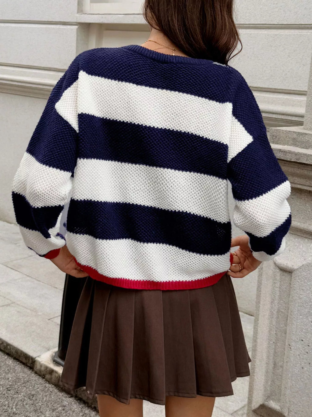 Women's Navy & White Striped Round Neck Ribbed Knit Sweater