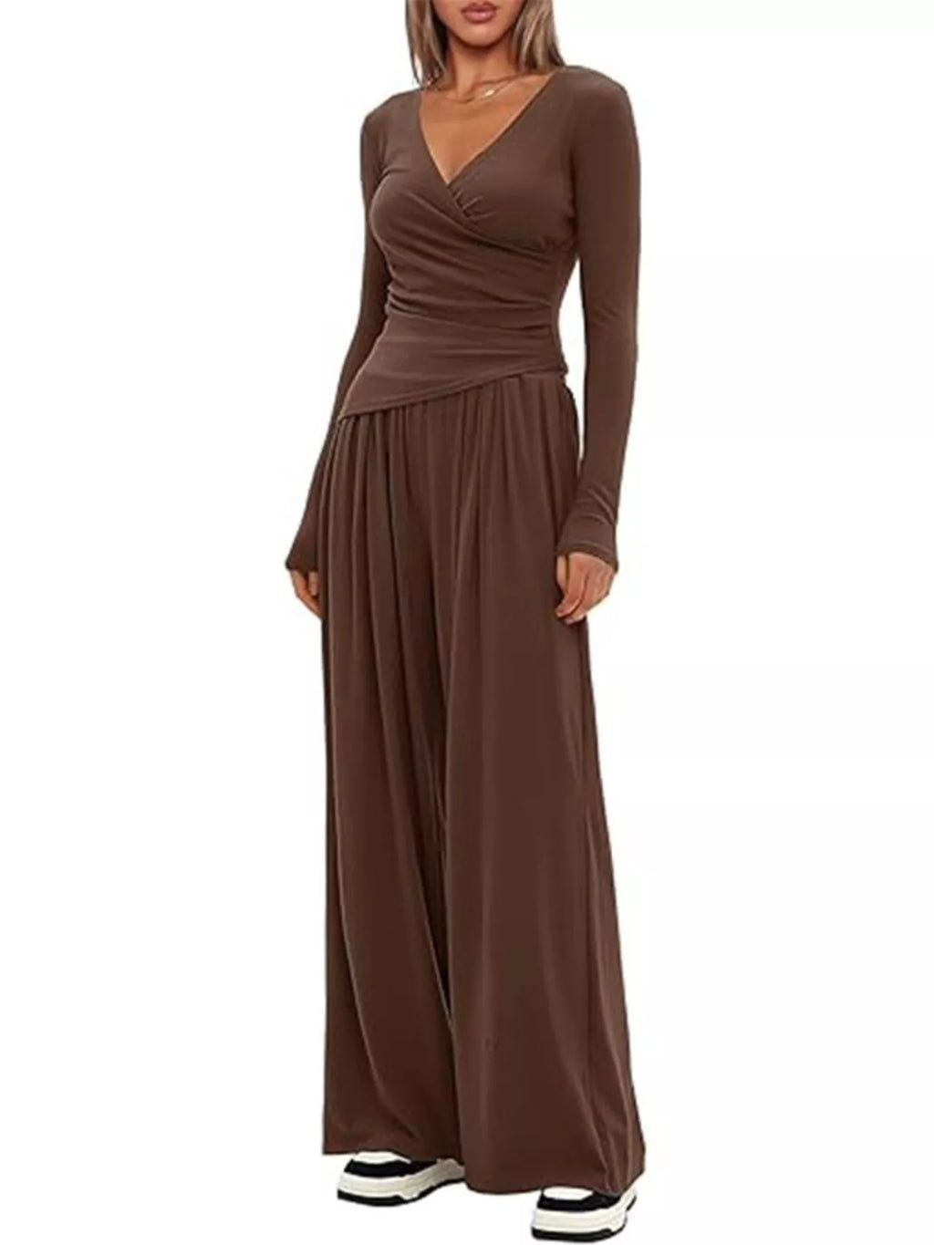 Women's Casual Long Sleeve V-Neck Top and Wide Leg Pants Lounge Set