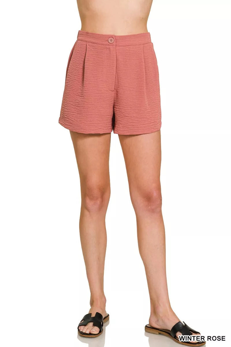 Woven Airflow Elastic Waist Shorts in Winter Rose