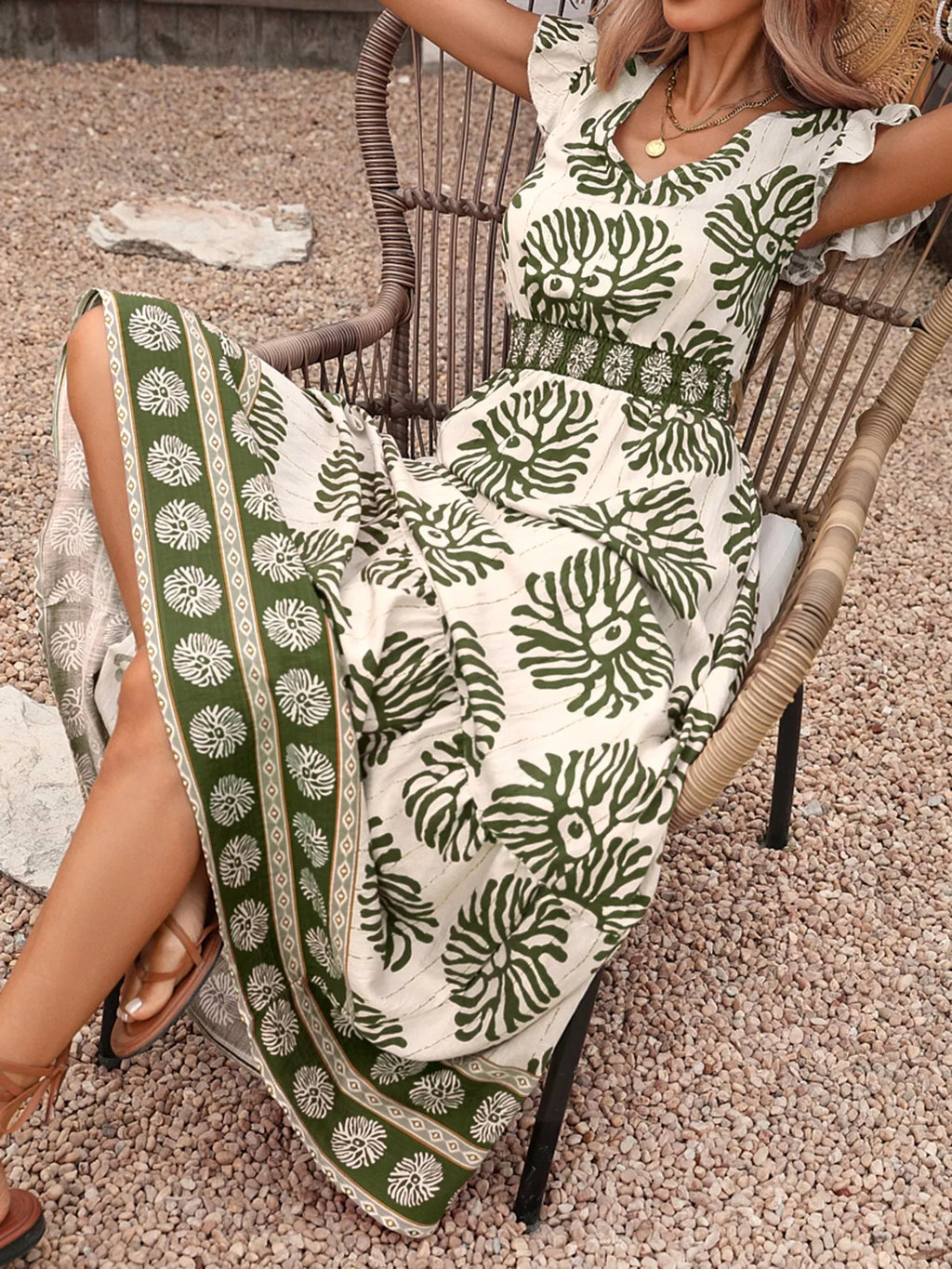 Floral Print V-Neck Ruffle Cap Sleeve Maxi Dress