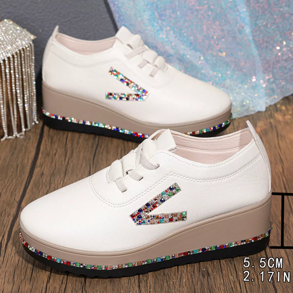 White Rhinestone Wedge Sneakers Mid Heel Comfort Walking Shoes