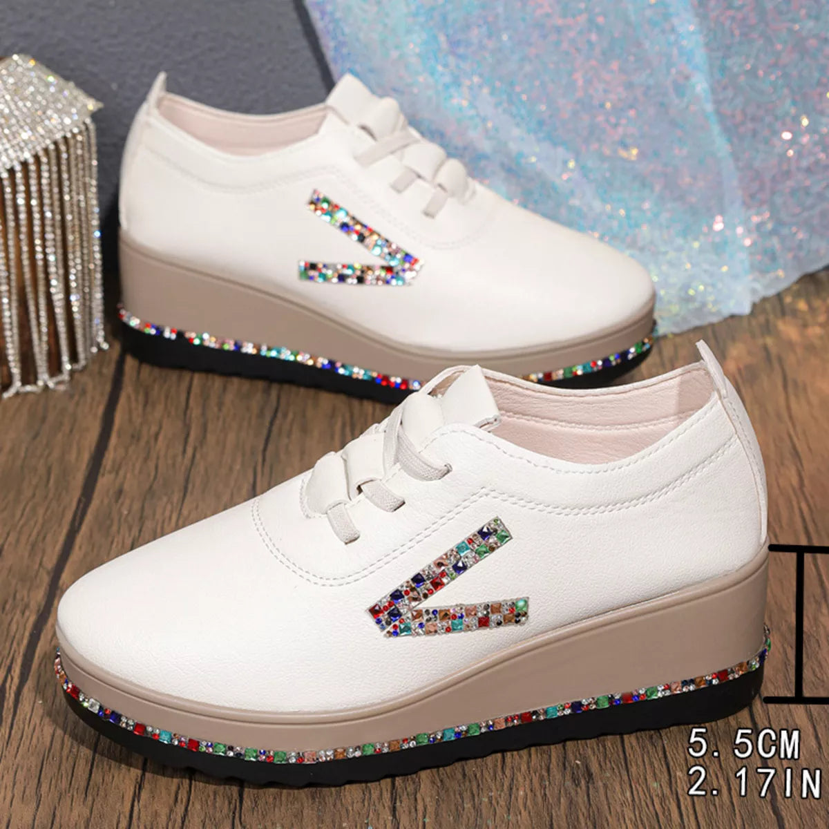 White Rhinestone Wedge Sneakers Mid Heel Comfort Walking Shoes