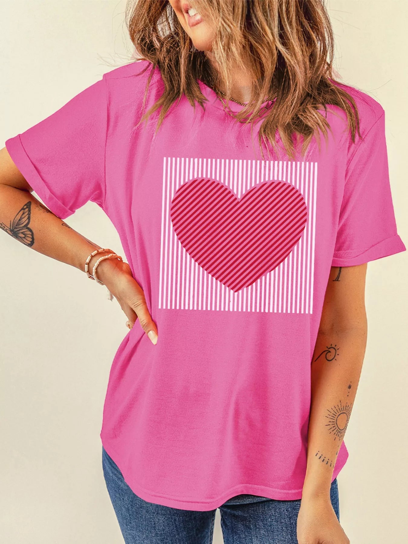 Women’s Valentine’s Day Heart Graphic Tee Contrast Stripe Top